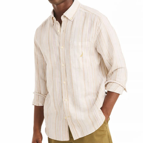 Nautica Men's White & Beige Classic-Fit Striped Linen-Blend Long Sleeve Shirt | Nautica In Lebanon
