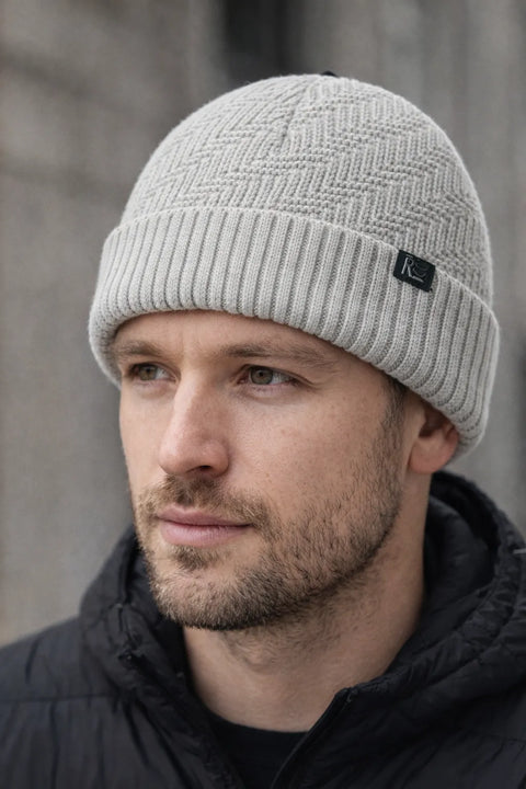 Kenneth Cole Reaction Men's Light Grey Herringbone Ribbed-Knit Beanie | Kenneth Cole Reaction In Lebanon