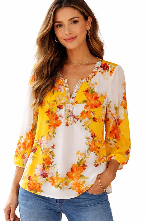 JM Collection Women's Yellow Floral Printed V Neck Long Sleeve Blouse |JM Collection In Lebanon