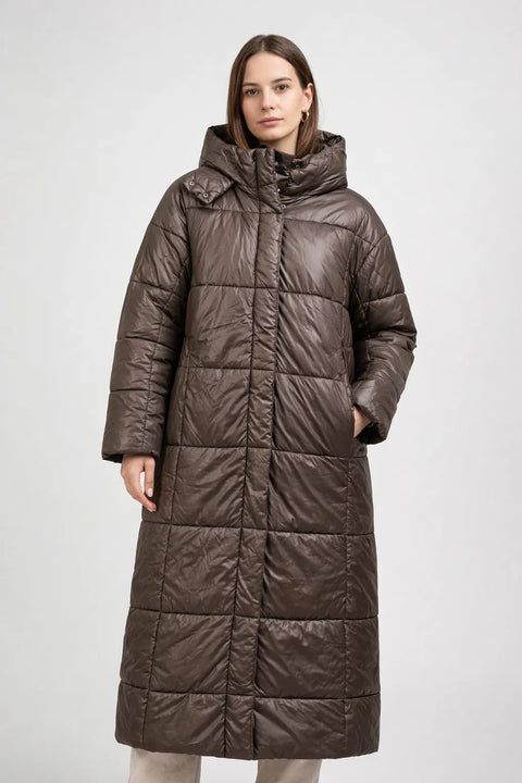 LeGer Women's Brown Long Hooded Quilted Jacket|LeGer In Lebanon