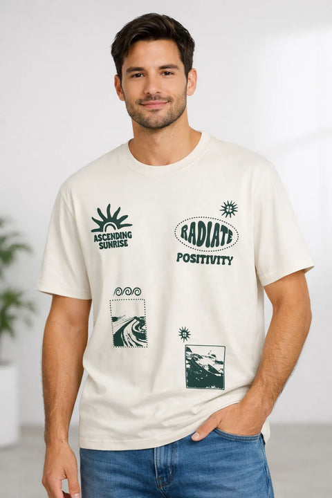 Celio Men's White/Green Printed Graphic T-Shirt | Celio in Lebanon