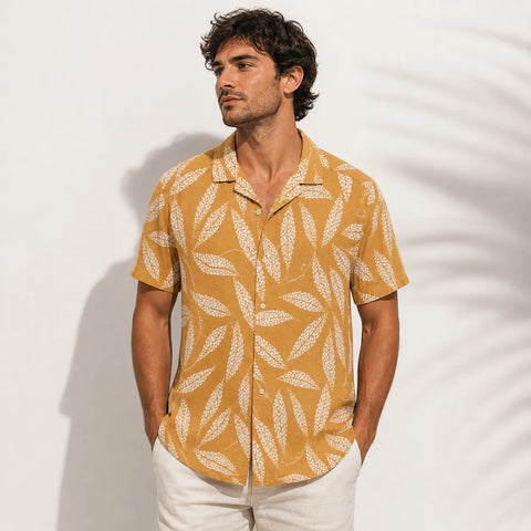 Only & Sons Men's Ochre & White Abstract Leaf Print Short-Sleeve Shirt | Only & Sons in Lebanon