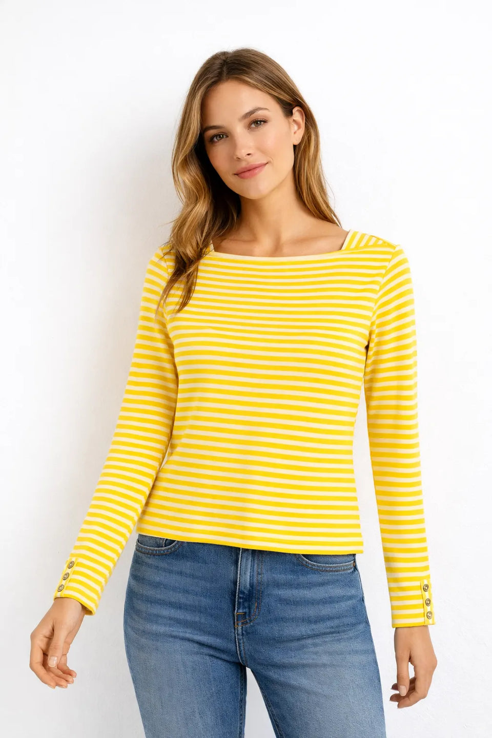 Nautica Jeans Women's White Yellow Cotton Striped Boat-Neck Sweater |Nautica Jeansin Lebanon