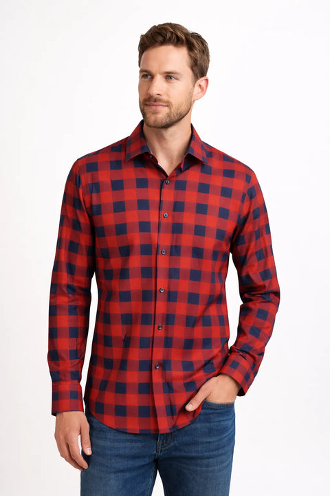 Azaro Uomo Men's Navy & Red Plaid Performance Collection Slim Fit Shirt|Azaro Uomo In Lebanon