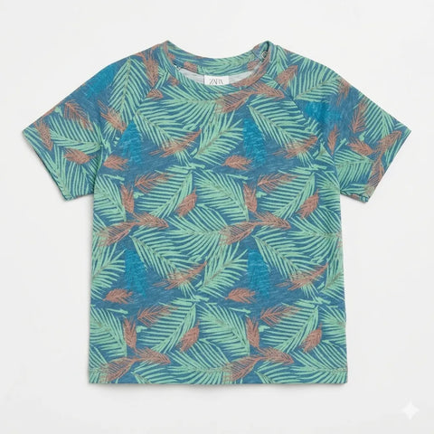 Zara Baby Boy's Blue/Aqua Leaf Print Crew Neck T-Shirt | Zara In Lebanon