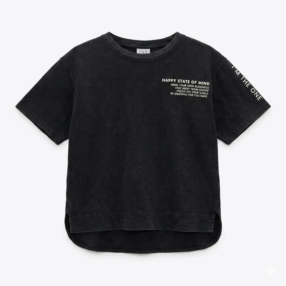 Zara Girl's Washed Black " Happy State Of Mind" T-Shirt | Zara In Lebanon