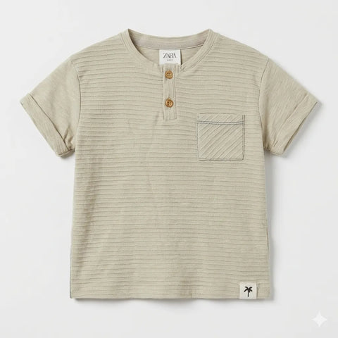 Zara Baby Boy's Khaki Striped T-Shirt With Chest Pocket | Zara In Lebanon