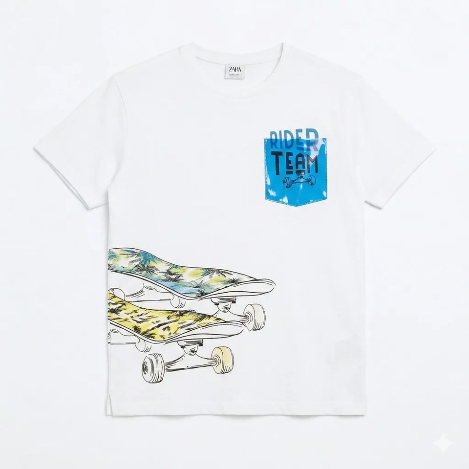 Zara Boy's White "Rider Team" Graphic T-Shirt | Zara In Lebanon