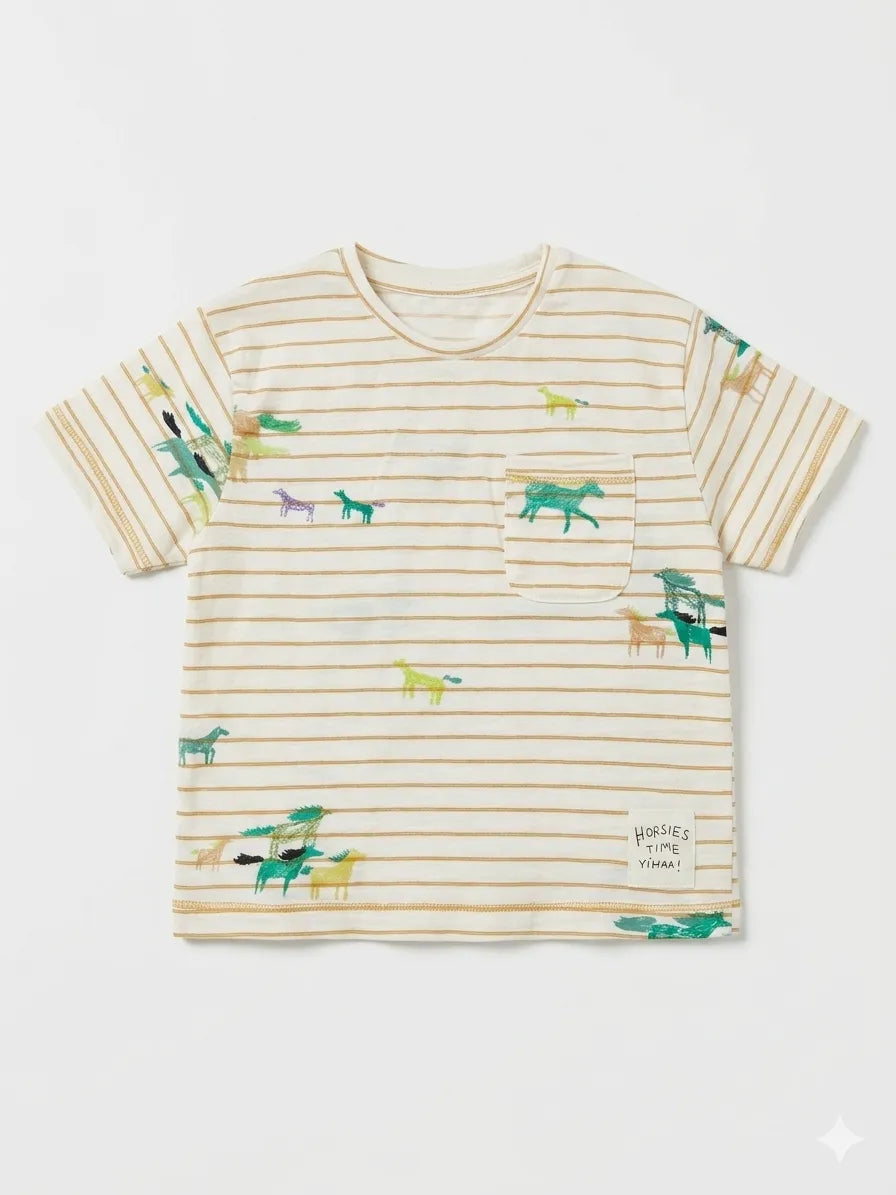 Zara Baby Boy's White/Beige Striped With Horse Print T-Shirt | Zara In Lebanon