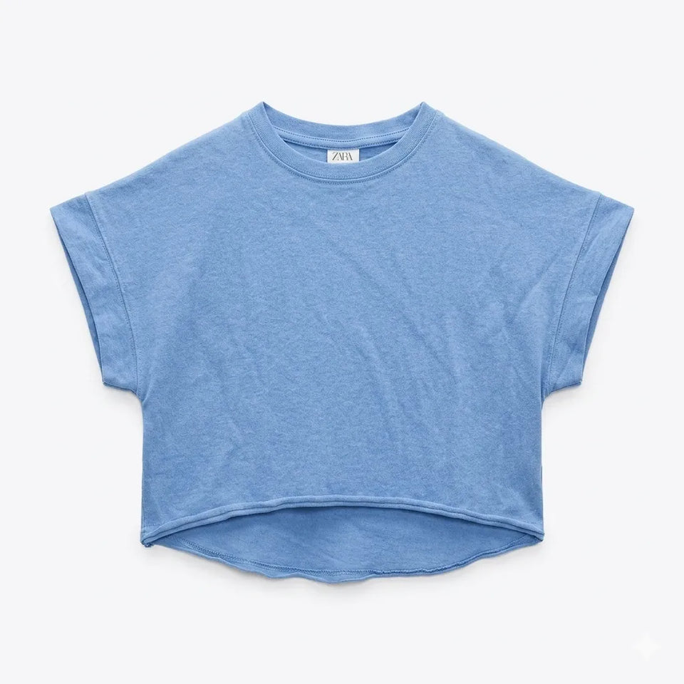 Zara Girl's Blue Solid Cotton Cropped T-Shirt | Zara In Lebanon
