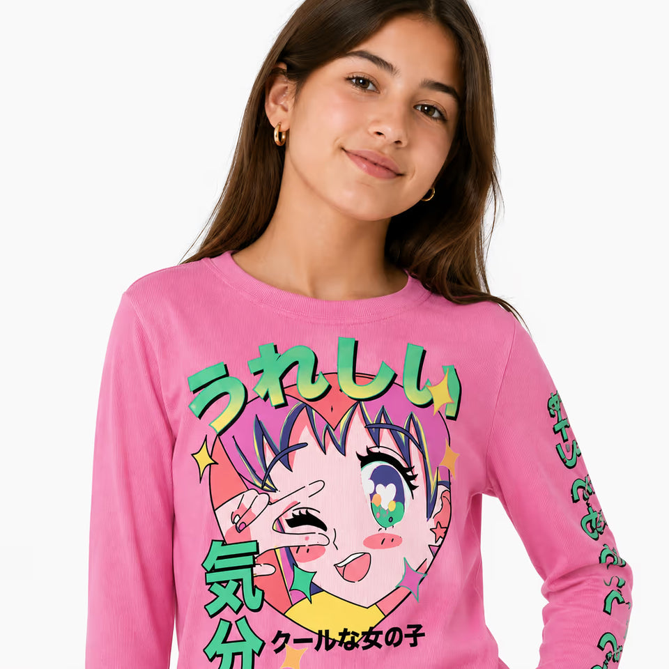 Zara Girl's Pink With Anime-Style CharacterPrintedLong Sleeve Blouse|Zara In Lebanon
