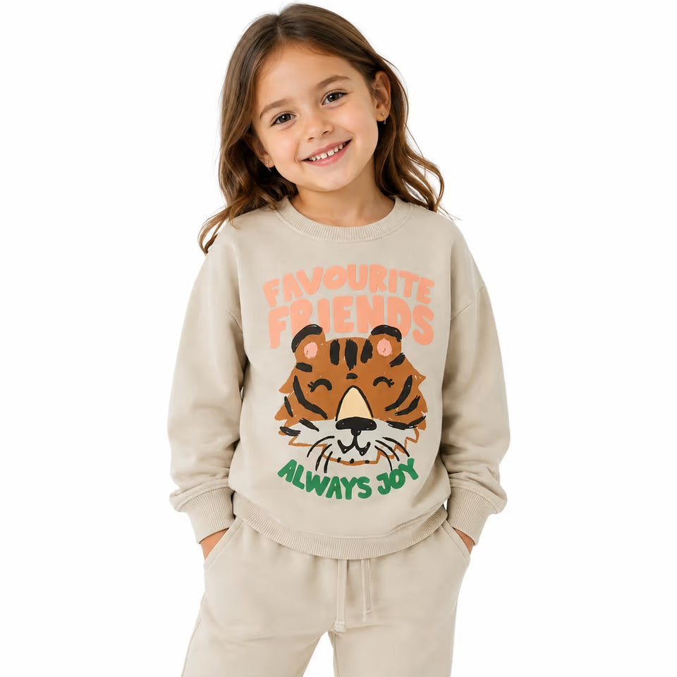 Zara Girl's Beige Favorite Friends Tiger Graphic Long Sleeve Pullover Sweatshirt|Zara In Lebanon