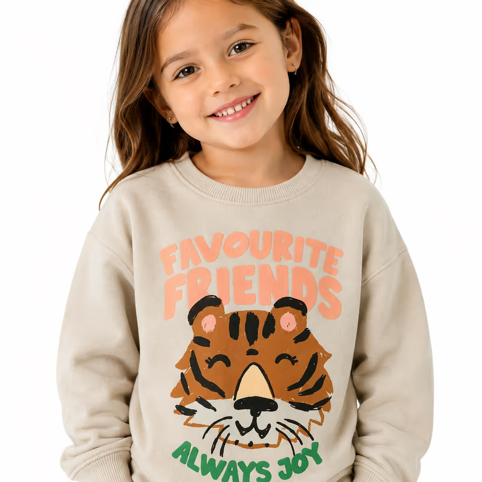 Zara Girl's Beige Favorite Friends Tiger Graphic Long Sleeve Pullover Sweatshirt|Zara In Lebanon