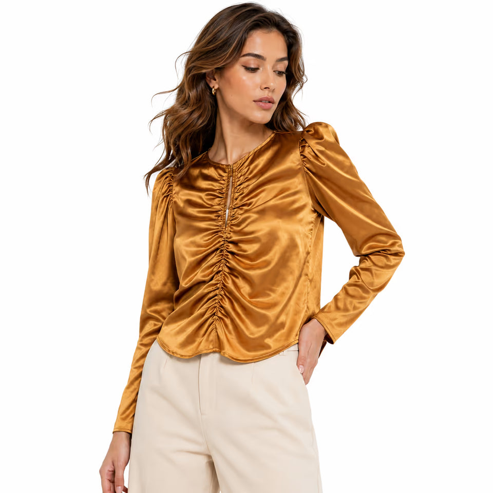 Sinsay Women's Brown Silk Ruched Long Sleeve Cutout Blouse |Sinsay In Lebanon