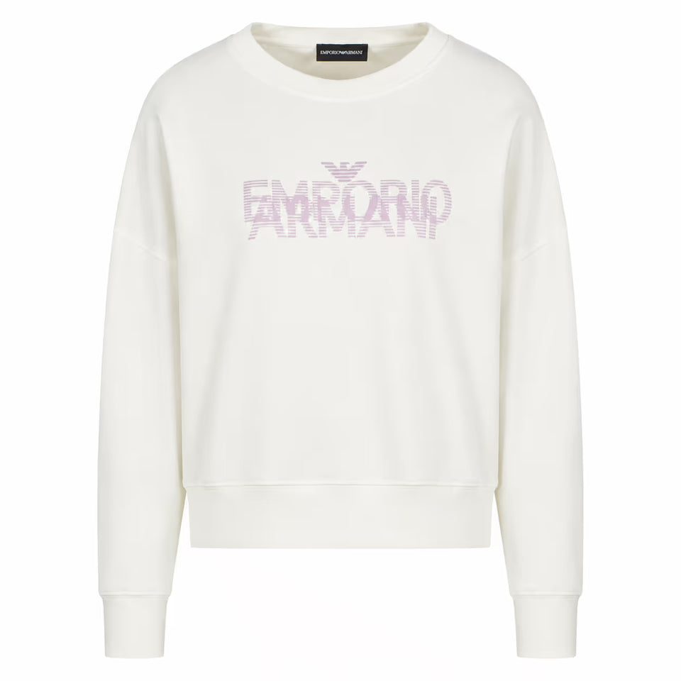 Emporio Armani Women's White Logo Printed Crew Neck Sweatshirts | Emporio Armani In Lebanon