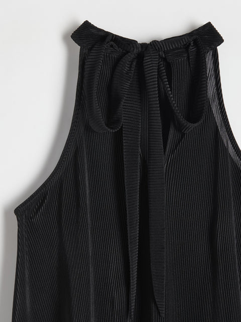 Black ribbed tank top with a tie detail on a white background