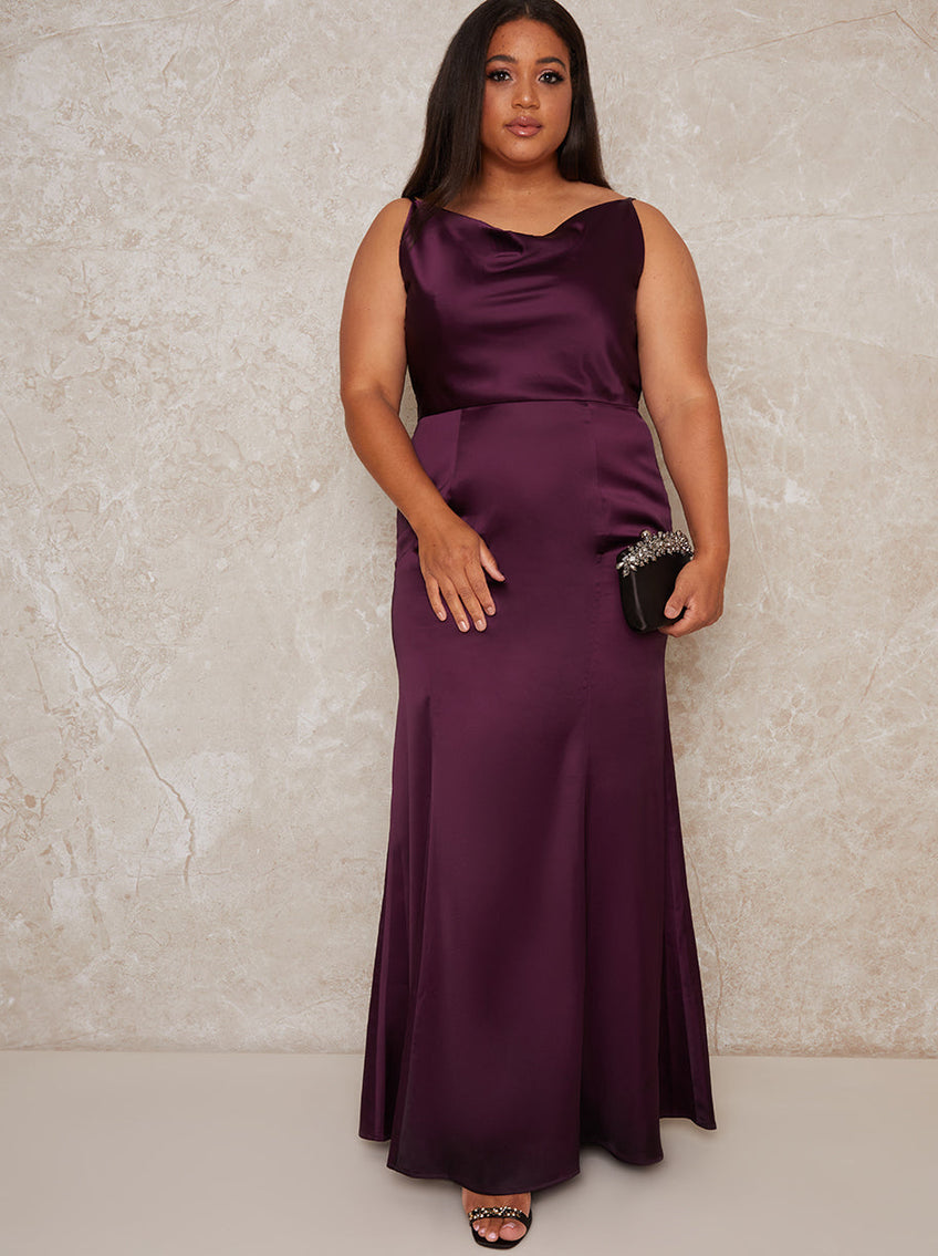Chi Chi London Women's Dark Purple Plus Size Cowl Neck Satin Slip Maxi Dress | Chi Chi London In Lebanon