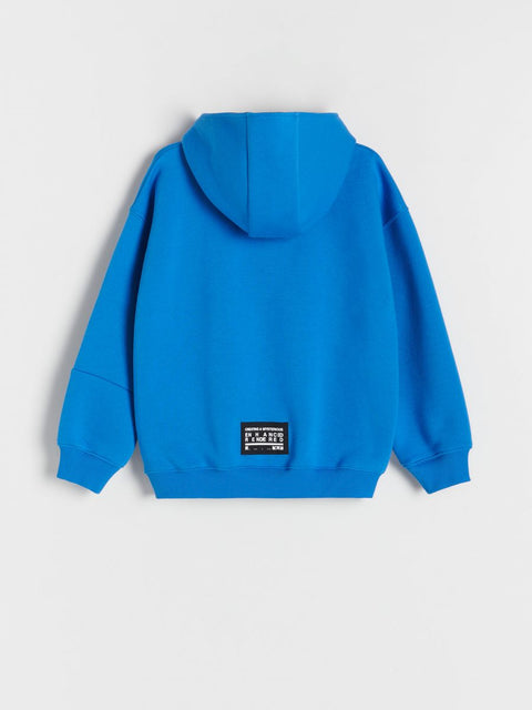 Blue hoodie with a small black label on the back against a light gray background