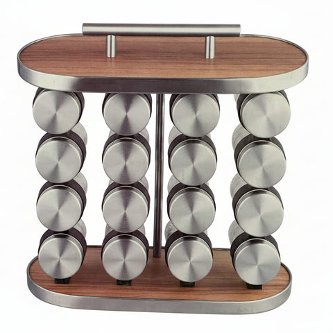 Wooden and metal spice rack with cylindrical containers on a kitchen counter.