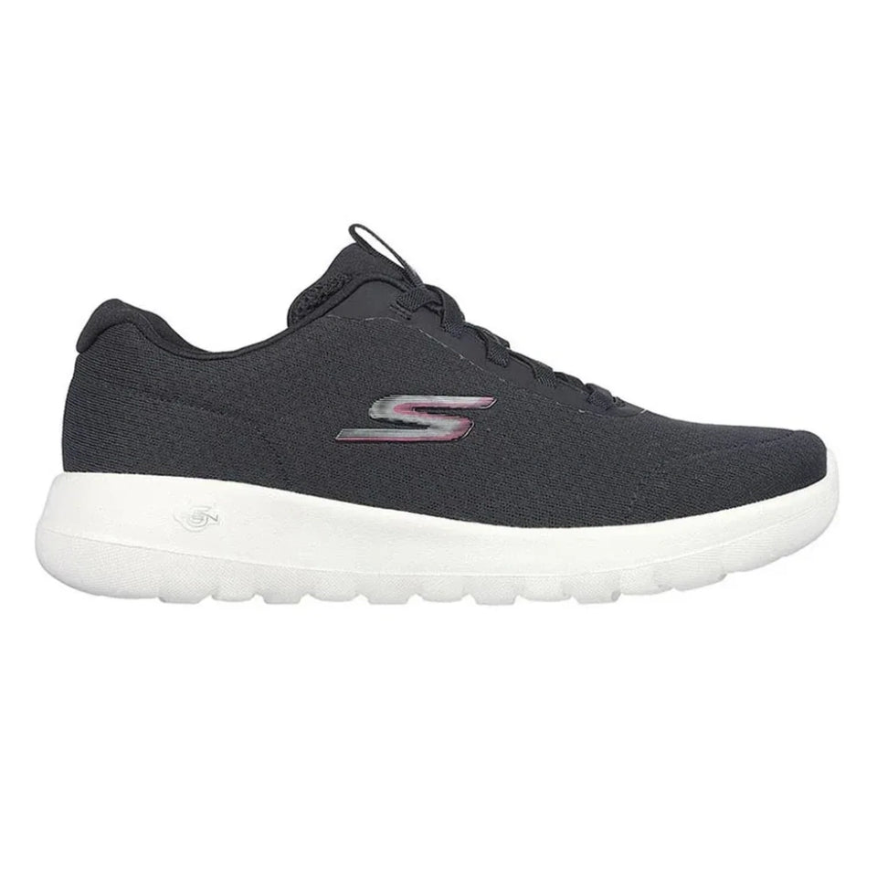 A black Skechers walking shoe with a textured fabric upper, black laces, a metallic silver and pink S logo, and a thick white cushioned sole, shown in a side profile on a white background.
