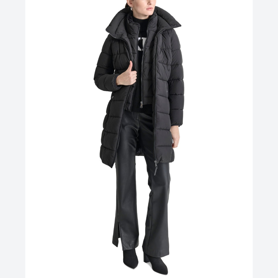 DKNY Women's Black Bibbed Hooded Zip-Front Puffer Jacket