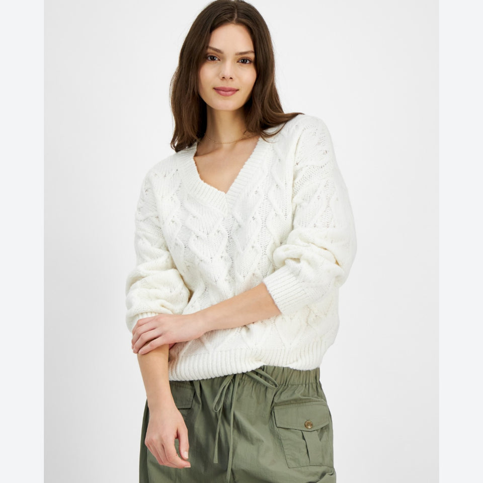 Hippie Rose Women's Off White Heart Cable-Knit V-Neck Sweater