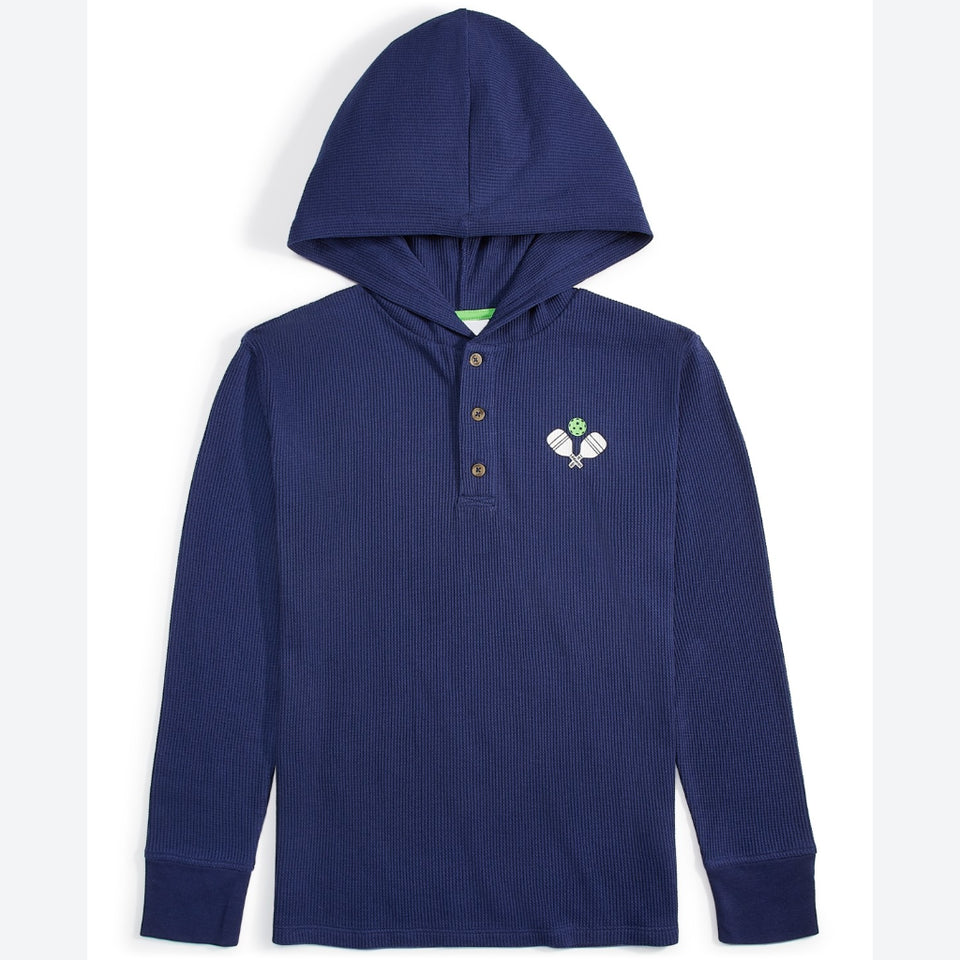A navy blue long-sleeve hooded henley shirt with a small embroidered bird logo on the left chest, displayed on a clean white background.