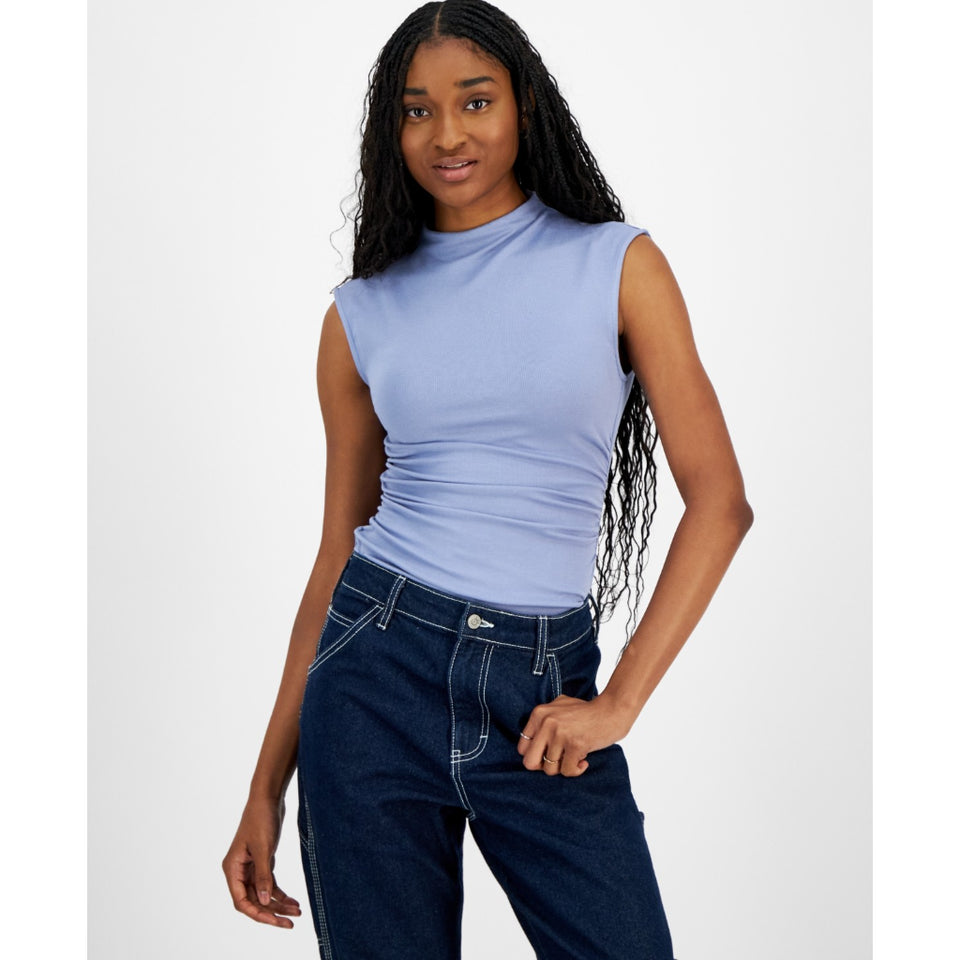 Madden Girl Women's Blue Ruched Mock-Neck Sleeveless Bodysuit