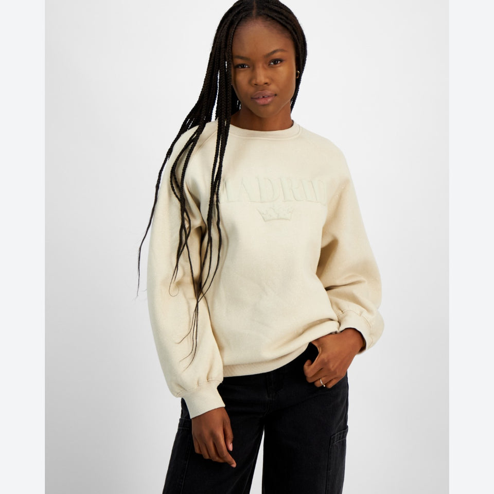Planet Heart Women's Light Beige Embossed Graphic Glitter-Finish Sweatshirt