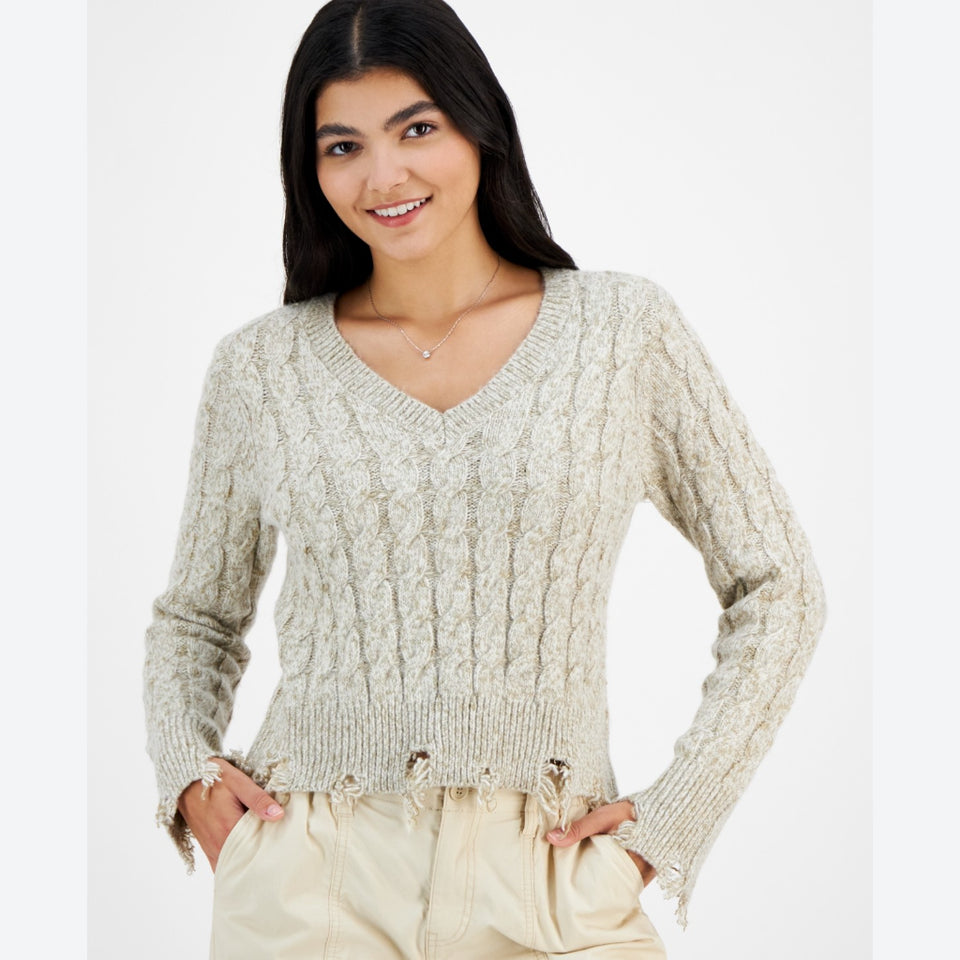 Planet Heart Women's Beige Casual Cable-Knit V-Neck Sweater