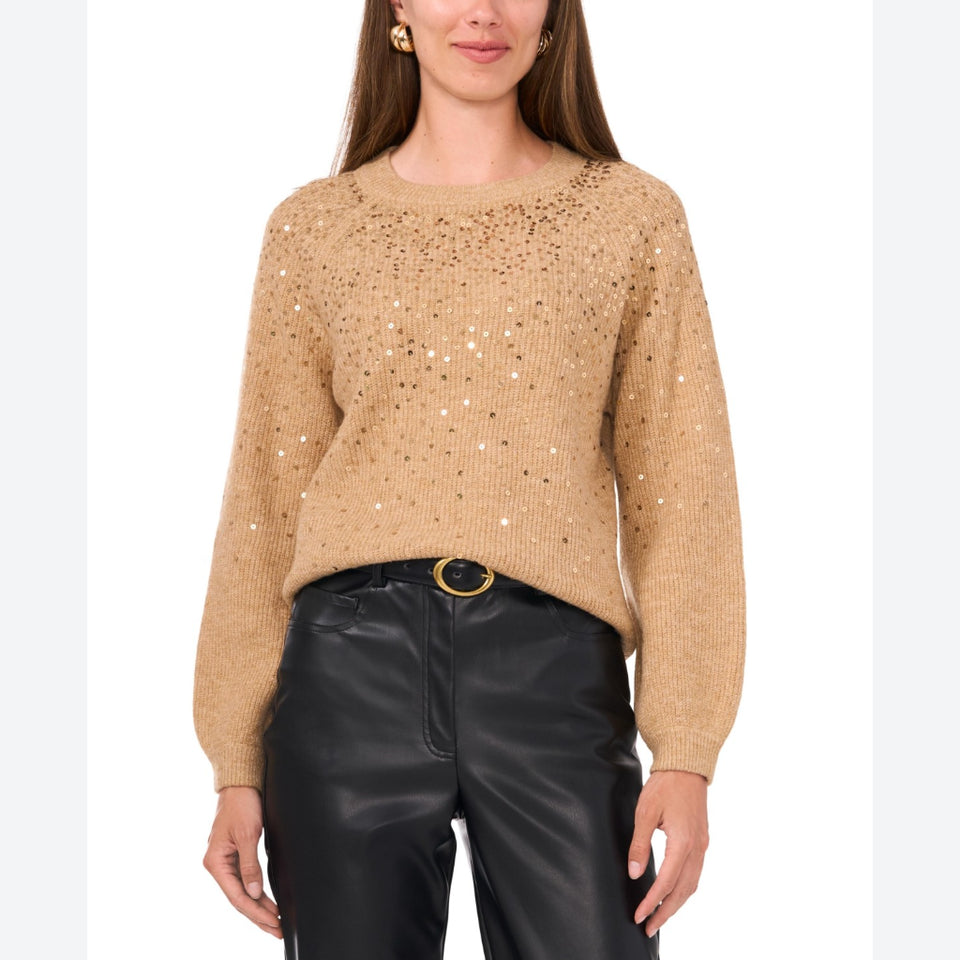Vince Camuto Women's Beige Sequined Raglan-Sleeve Sweater