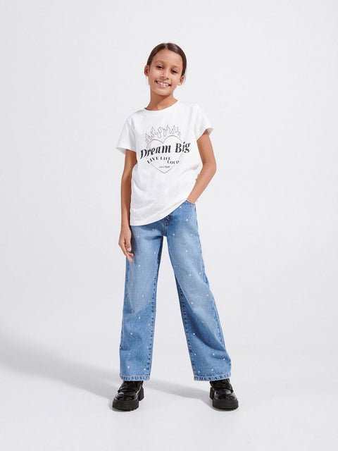 Reserved Girl's White Printed Rhinestone Short sleeve Crew Neck T-Shirt |Reserved In Lebanon