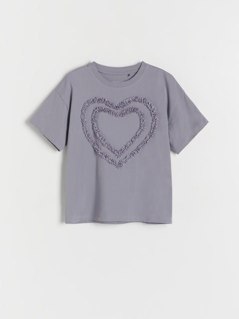 Gray t-shirt with a heart design on a white background