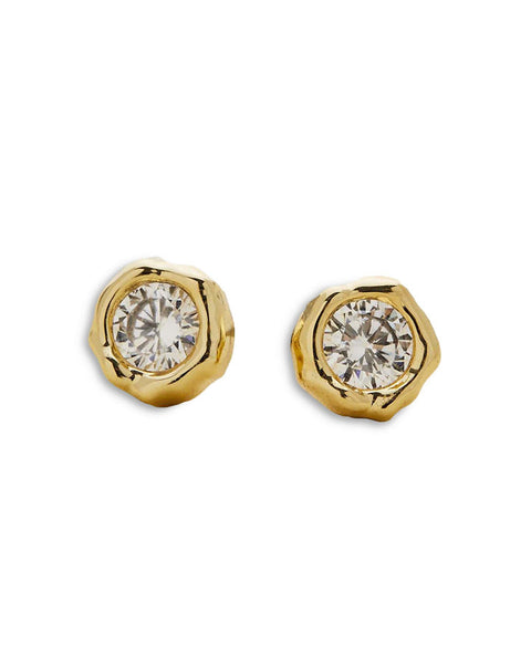 Gold stud earrings with clear gemstones on a white background