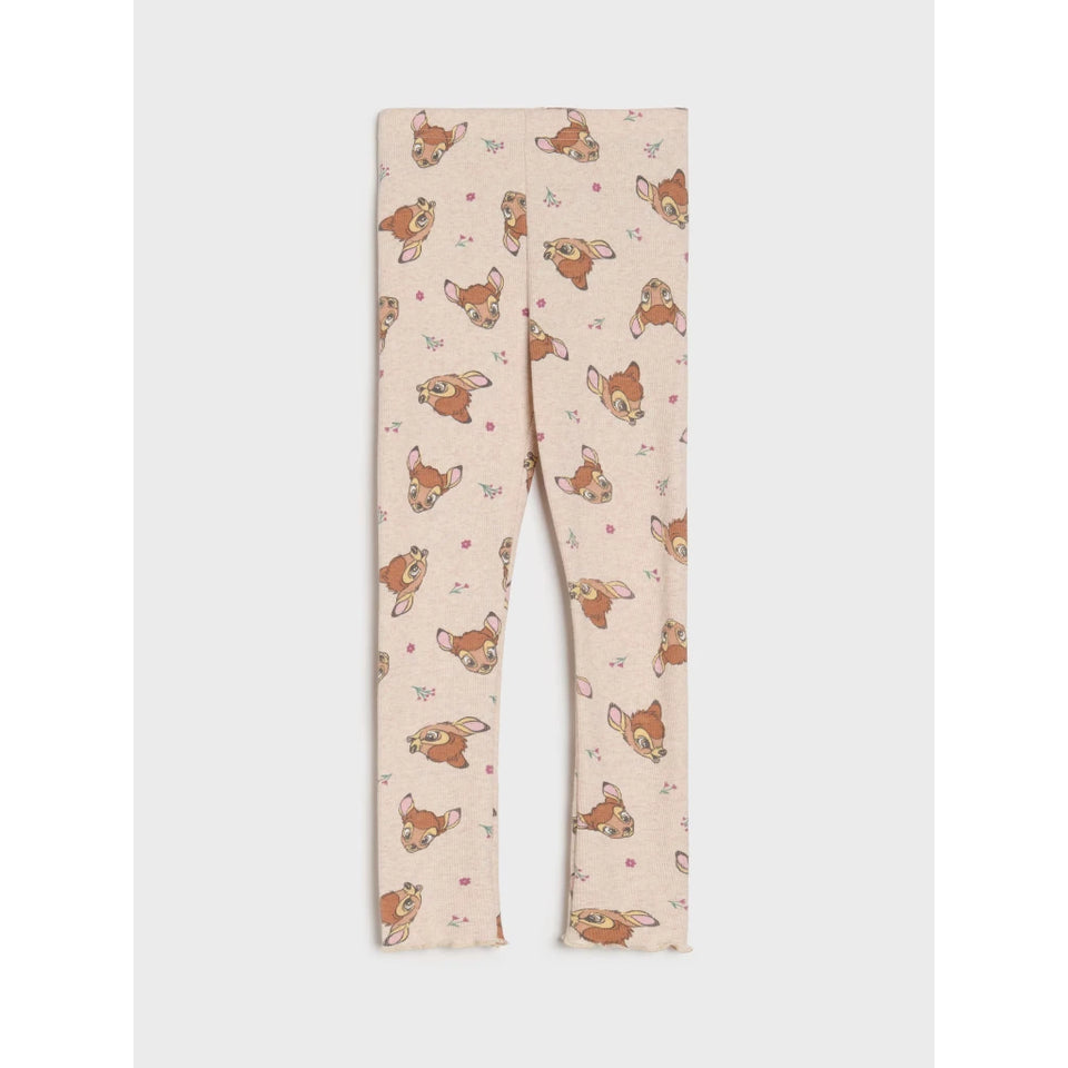 A pair of children's leggings in a light beige color, featuring an all-over print of cartoon foxes and small pink flowers, displayed flat against a light gray background.