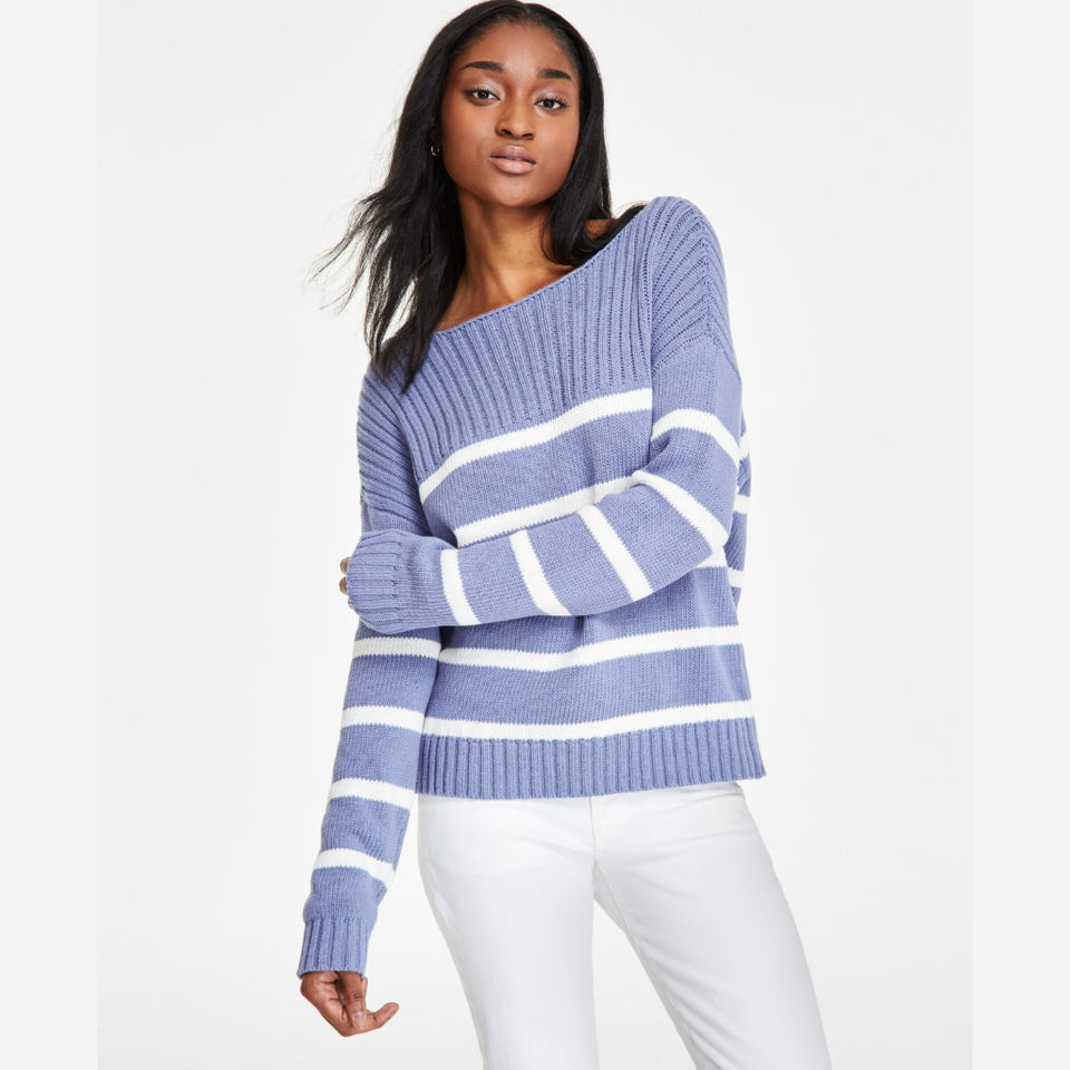 Lucky Brand Women's Blue Striped White Boat-Neck Sweater
