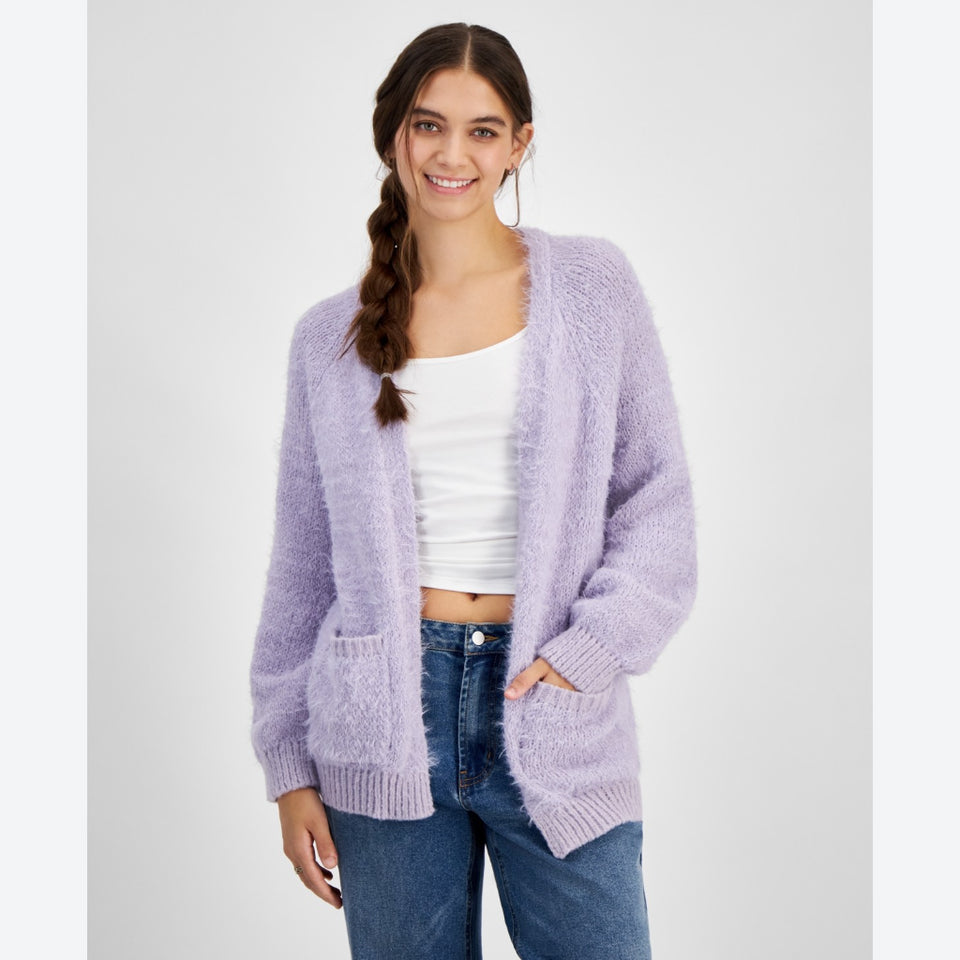Freshman Women's Light Purple Fuzzy Eyelash Open-Front Cardigan