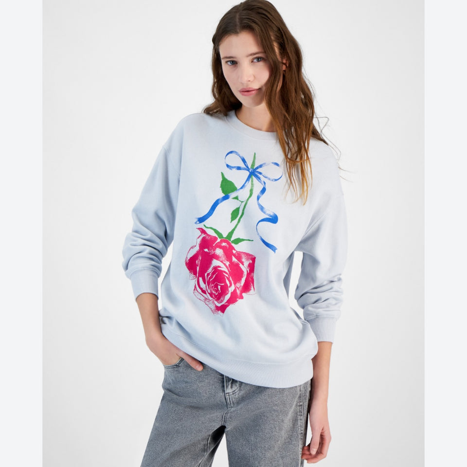 Rebellious One Women's Blue Opal Rose Bow Graphic Sweatshirt