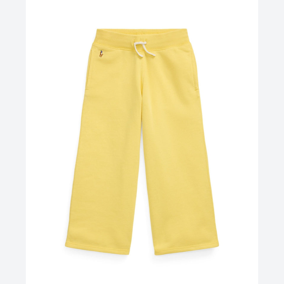 Yellow wide-leg sweatpants with an elastic waistband, white drawstring, and a small embroidered Polo Ralph Lauren logo on the left hip, shown against a plain white background.