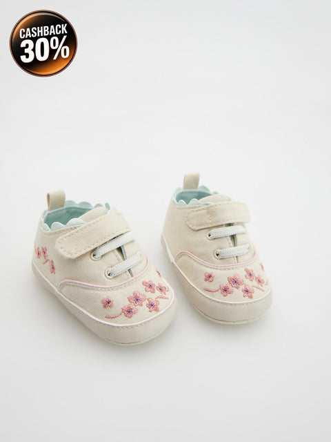 Reserved Baby Girl's Beige Embroidery Detailing Cotton Rich Flat Shoes | Reserved In Lebanon