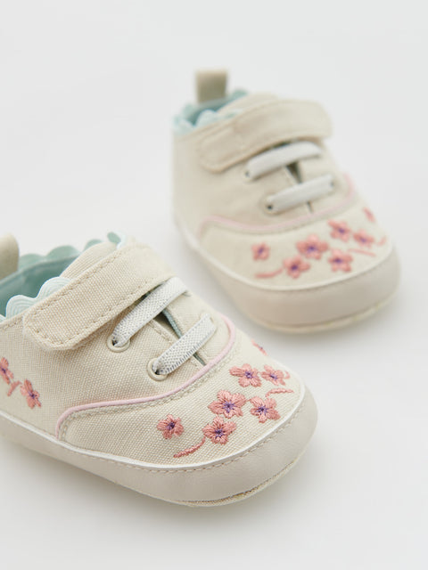 Reserved Baby Girl's Beige Embroidery Detailing Cotton Rich Flat Shoes | Reserved In Lebanon