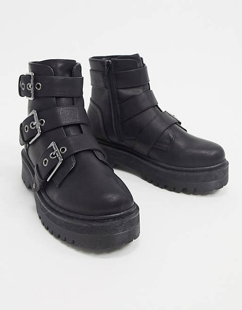 Qupid chunky Women's Black Flat Boots 100914744  AMS202 shoes24