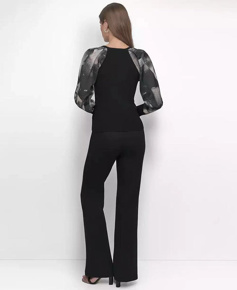 DKNY Women's Black Printed Organza-Sleeve V-Neck Blouse |DKNY In Lebanon