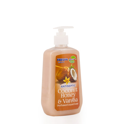 A bottle of Fresh'N Smooth Coconut, Honey And Vanilla Perfumed Liquid Soap 500ml.