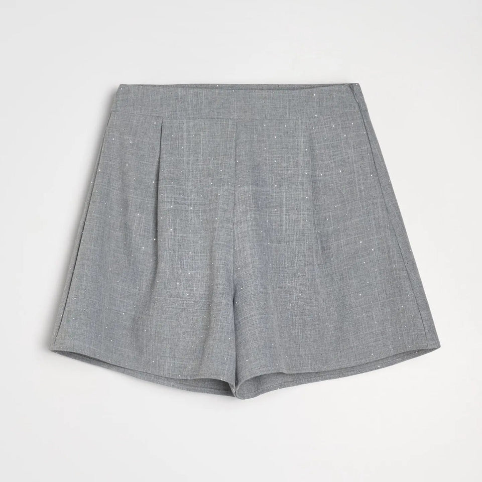 A pair of gray textured shorts with a subtle speckled pattern, laid flat against a light gray background.