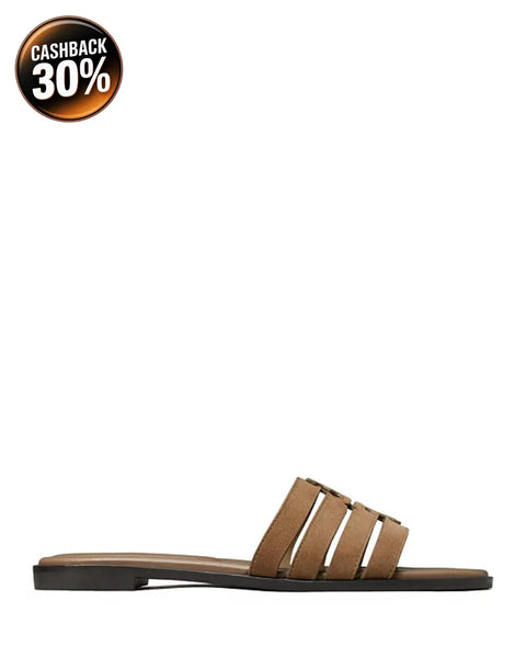 Brown sandal with multiple straps on a white background