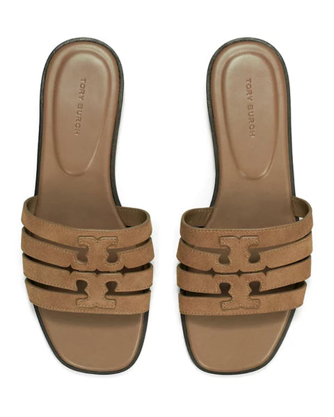 Pair of brown sandals with a logo on a white background