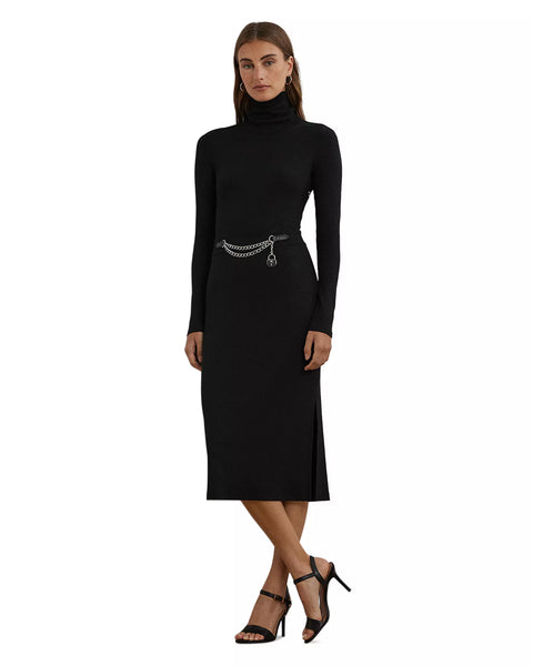 Black dress with a chain detail on a white background