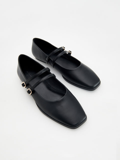 Reserved Women's Black Leather Ballet Flats With Square Toe | Reserved In Lebanon