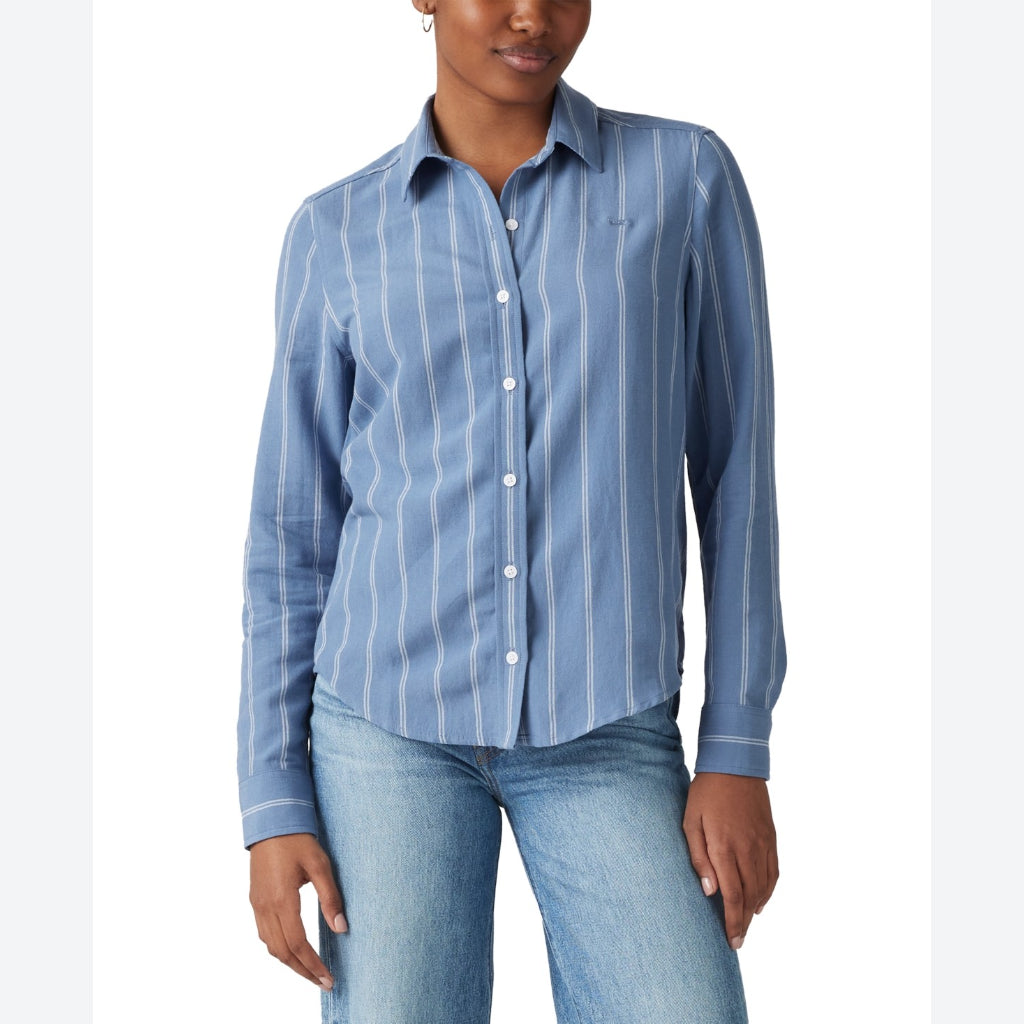 Levi's Women's Blue and White Striped Long-Sleeve Button-Down Classic Shirt